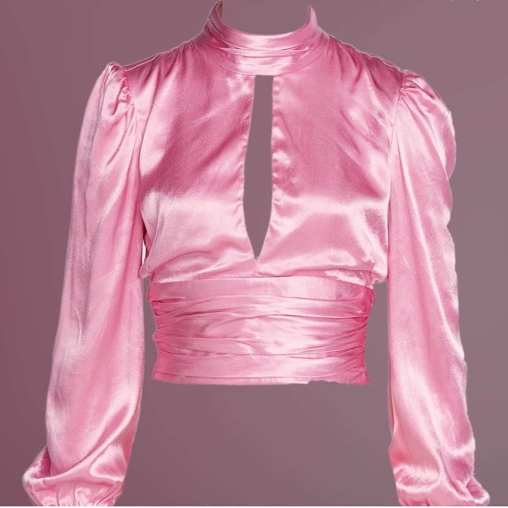 Bardot Louise Tie Top Size 8/M Pink Cropped High Neck Keyhole Open Back Tie